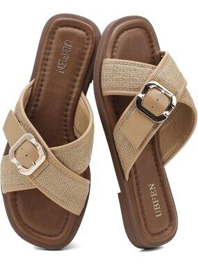 Women's Khaki 1 Square Toe Flat Sandals Slides Dressy Comfortable for Beach